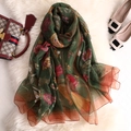 Longue écharpe de protection solaire vintage vert foncé avec motifs fleurs et insectes - 135*190cm / Vert