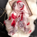 Elegant pale pink faux silk scarf with vibrant red tulips on soft white faux fur background - 90*180cm / Pink