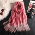 Pink silk sun protection scarf with gold bead trim and shimmering stripes for women - Dusty Pink