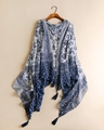 Detail of blue and white floral print shawl with navy blue tassels on lightweight fabric - One Size / Navy Blue