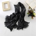Detailed view of dark grey cotton linen scarf with fine fringe edges and soft texture - 110*200cm / Dark Gray