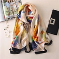 Elegant silk shawl with colorful parrot and bird prints on beige fabric with black borders - 90*180cm / Beige