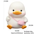 White cartoon MOMO duck piggy bank with pink bear bag, size 21.5cm high for kids - Large White Style (2568-31A)