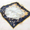 Navy blue and light blue silk scarf with yellow floral and seashell patterns - 53*53cm / Aqua Blue & Navy