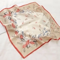 Elegant mulberry silk scarf with red tropical shell print on beige background - 53*53cm / Beige Coffee