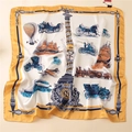 Detailaufnahme von Seidensatin-Vierecktuch mit Vintage-Nautik- und Heißluftballon-Prints - Nautisches Vintage-Transportmuster / 90x90cm / Weißer Gelber Rand