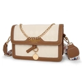 Retro color-block crossbody bag with white diamond texture, brown trim and wide strap - Khaki