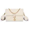 Cream white quilted crossbody bag with golden chain and vintage wide fabric strap - White