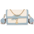 Chic beige and light blue crossbody square bag with quilted texture and wide floral strap - Blue