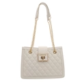 White quilted crossbody bag with gold chain strap and metal lock closure in a square shape - White