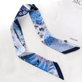 Blue and white patterned narrow twilly scarf with feather and horse prints for women - TLP-33 Blue Black