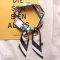 Elegant skinny silk scarf with vintage equestrian horse and chain print in green and gold - TLP-22 Carriage Green