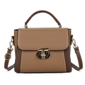 Damen-Handtasche in zweifarbigem Kaffee-Kunstleder mit Drehverschluss und Kontrastnaht - Khaki