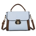 Elegante borsa bicolore in pelle PU blu chiaro e marrone con chiusura dorata e tracolla - Blu