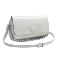 Creamy white textured leather cylinder bag with triangle plaque and silver chain strap - Off White