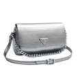 Silver metallic leather cylinder crossbody bag with chain strap and triangular plaque - Silver