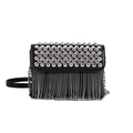 Black leather crossbody bag with silver rhinestones and long metallic fringe tassels - Black