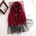 Elegant long burgundy scarf with black mesh ends and silver glitter silk accents - Burgundy