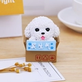 Cute white poodle figurine in a brown carton base with Mo Sheng Qi blue sign for car desk - White Teddy Dog Ornament