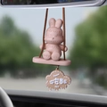 Pink cartoon rabbit car hanging charm with lucky engraving and leather strap - Khaki Rabbit (2267A)