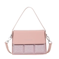 Pink sequin crossbody bag with silver lettering and detachable strap on white backdrop - Pink