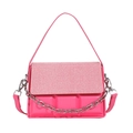 Fashionable pink quilted box handbag with textured flap and silver chain shoulder strap - Pink