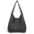 Large black matte leather hobo bag with vintage stitching and spacious interior design - Black