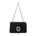 Fashionable black velvet crossbody bag with luxury rhinestone buckle and silver chain - Black