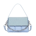 Light blue crossbody box bag with textured weave flap and silver metal chain strap - Blue