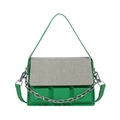 Green leather handbag with silver glitter flap and metallic chain detail in a square shape - Green