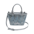 Blue denim bucket bag with silver sequins and metallic straps for women's crossbody wear - Vertical Sequin Stripe Silver Handle