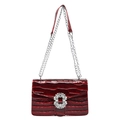 Sac bandoulière chic rouge foncé, texture pierre, boucle strass et chaîne - Rouge