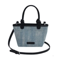 Light blue denim bucket bag with silver studs and black leather straps and handles - Spotted Rhinestone Black Handle