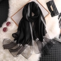 Elegant black silk scarf with silver metallic stripes and pearl bead details - Black with Silver Wire