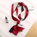 Long silk scarf with red, black and white geometric pattern and satin texture - Burgundy Black Striped