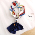 Fashion long satin silk scarf with vintage chain print in navy blue and red - Beige Chain Buckle