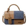 Contrast stitching handbag in camel leather and blue denim with a top handle - Brown & Blue