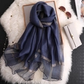 Elegant navy blue summer silk scarf with gold glitter trim and beaded detail on fur - Navy Blue