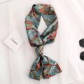 Grey-green skinny silk scarf with orange leather print and gold chain patterns - Autumn Green Wheel