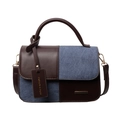 Minimalist square handbag with brown leather and blue denim color-block design - Coffee Blue