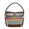 Colorful woven bucket bag with striped pattern, brown leather strap, and golden lock - Colorful