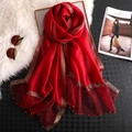Elegant red summer silk scarf with gold silk trim and delicate pearl beads embellishment - Red with Gold Wire