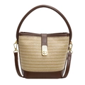 Woven straw bucket bag in beige and dark brown with gold turn-lock and leather handle - Khaki
