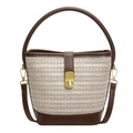 Chic beige woven bucket bag with brown leather trim and golden metal lock detail - Off White