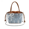Blue denim bucket bag with silver sequins, pearl bow charm and chain strap - Brown