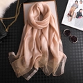 Elegant champagne summer silk scarf with beaded gold edges and sheer texture - Khaki