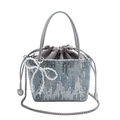 Blue sequined canvas bucket bag with silver chain strap and pearl bow detail - Gray