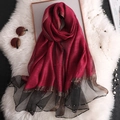 Elegant dark red silk scarf with black sheer gauze hem and gold bead detailing - Burgundy