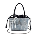 Light blue denim bucket bag with silver sequins, chain strap and pearl bow pendant - Black
