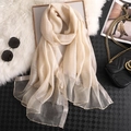 Elegant champagne beige silk scarf for women with delicate pearl beaded edge detail - Beige